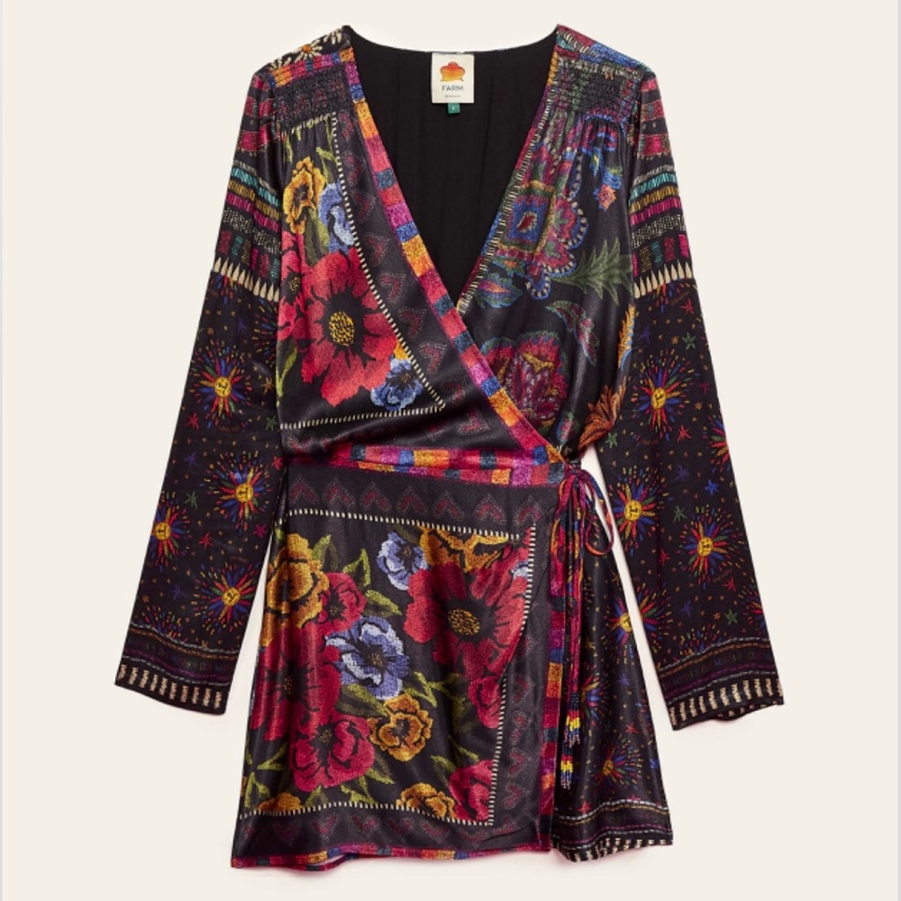 FARM Rio Black Floral Wrap Mini Dress with Red, Yellow & Blue Accents